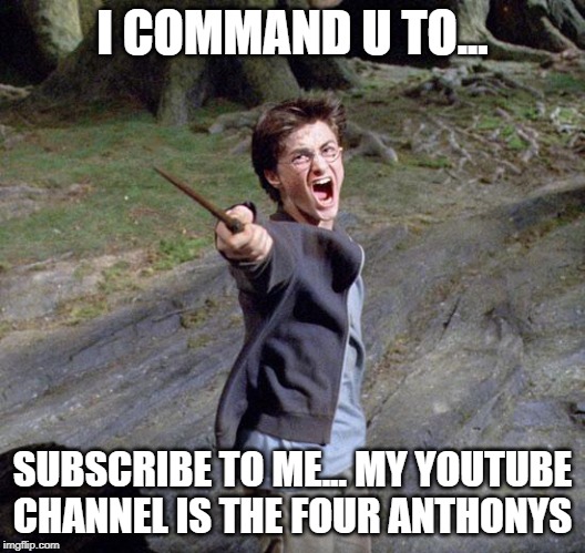 Harry potter | I COMMAND U TO... SUBSCRIBE TO ME... MY YOUTUBE CHANNEL IS THE FOUR ANTHONYS | image tagged in harry potter | made w/ Imgflip meme maker