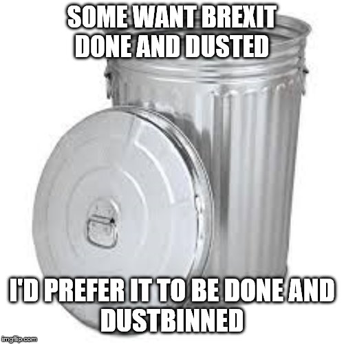 brexit | SOME WANT BREXIT DONE AND DUSTED; I'D PREFER IT TO BE DONE AND
DUSTBINNED | image tagged in galvanized trash can | made w/ Imgflip meme maker