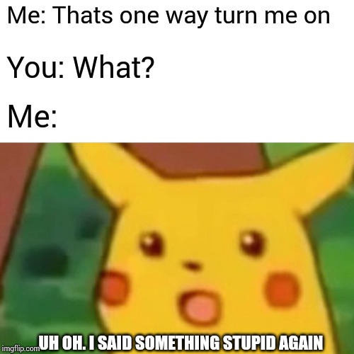 Surprised Pikachu Meme | Me: Thats one way turn me on You: What? Me: UH OH. I SAID SOMETHING STUPID AGAIN | image tagged in memes,surprised pikachu | made w/ Imgflip meme maker