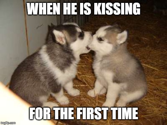 Cute Puppies | WHEN HE IS KISSING; FOR THE FIRST TIME | image tagged in memes,cute puppies | made w/ Imgflip meme maker