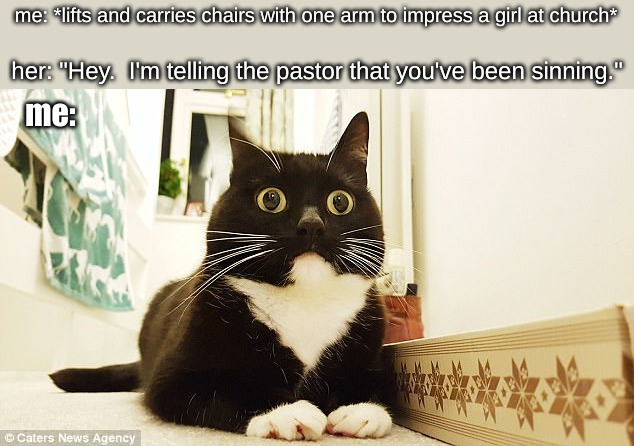 cleaning up after afternoon service be like . . . . | me: *lifts and carries chairs with one arm to impress a girl at church*; her: "Hey.  I'm telling the pastor that you've been sinning."; me: | image tagged in memes,christianity | made w/ Imgflip meme maker