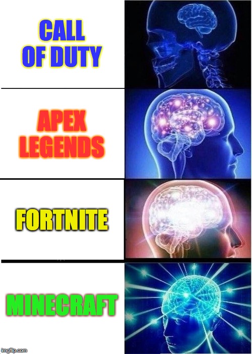 Expanding Brain | CALL OF DUTY; APEX LEGENDS; FORTNITE; MINECRAFT | image tagged in memes,expanding brain | made w/ Imgflip meme maker