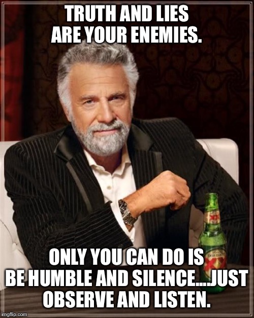 The Most Interesting Man In The World Meme | TRUTH AND LIES ARE YOUR ENEMIES. ONLY YOU CAN DO IS BE HUMBLE AND SILENCE....JUST OBSERVE AND LISTEN. | image tagged in truth,lies,enemies,humble,silence,observe | made w/ Imgflip meme maker