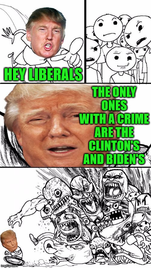 Hey Trump | THE ONLY ONES WITH A CRIME ARE THE CLINTON'S AND BIDEN'S; HEY LIBERALS | image tagged in hey trump,memes,clinton corruption,joe biden,trump impeachment,hey internet | made w/ Imgflip meme maker