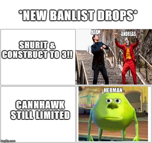 Blank Comic Panel 2x2 Meme | *NEW BANLIST DROPS*; SHURIT & CONSTRUCT TO 3!! CANNHAWK STILL LIMITED | image tagged in memes,blank comic panel 2x2 | made w/ Imgflip meme maker