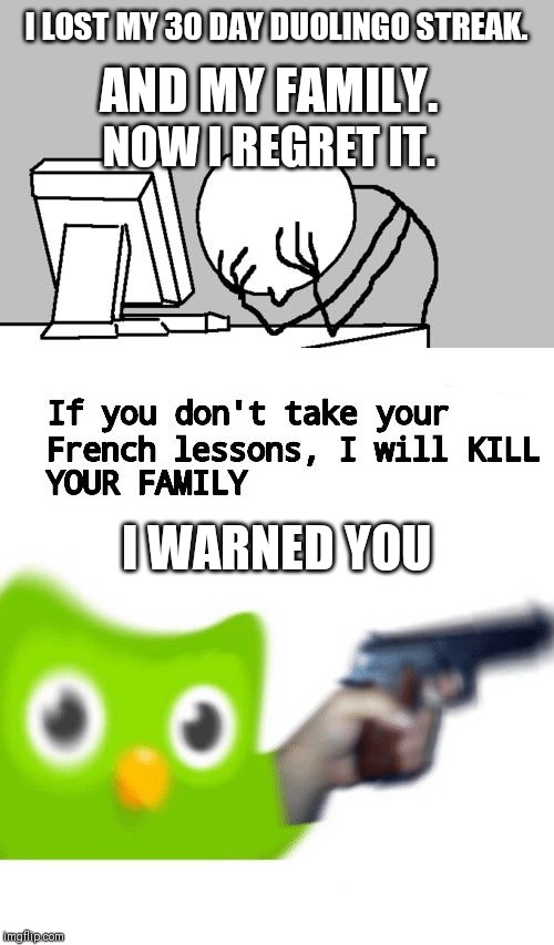 I LOST MY 30 DAY DUOLINGO STREAK. AND MY FAMILY. NOW I REGRET IT. I WARNED YOU | image tagged in memes,computer guy facepalm | made w/ Imgflip meme maker