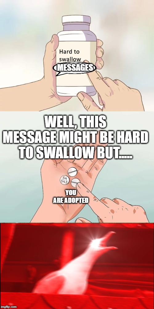 MESSAGES; WELL, THIS MESSAGE MIGHT BE HARD TO SWALLOW BUT..... YOU ARE ADOPTED | image tagged in memes,inhaling seagull,hard to swallow pills | made w/ Imgflip meme maker