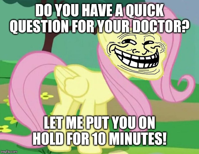 Calling my doctor's office be like | DO YOU HAVE A QUICK QUESTION FOR YOUR DOCTOR? LET ME PUT YOU ON HOLD FOR 10 MINUTES! | image tagged in fluttertroll,memes,doctor,phone call | made w/ Imgflip meme maker