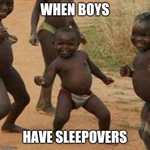 Third World Success Kid Meme | WHEN BOYS; HAVE SLEEPOVERS | image tagged in memes,third world success kid | made w/ Imgflip meme maker