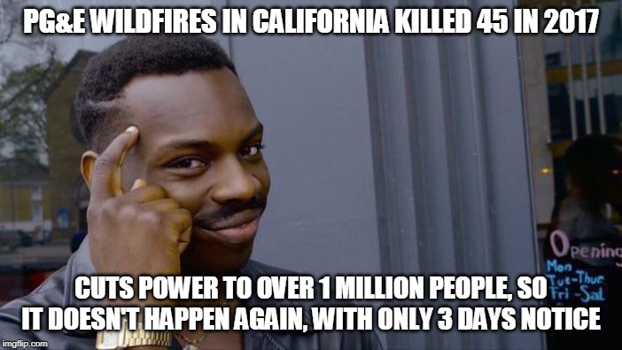 Think about it | PG&E WILDFIRES IN CALIFORNIA KILLED 45 IN 2017; CUTS POWER TO OVER 1 MILLION PEOPLE, SO IT DOESN'T HAPPEN AGAIN, WITH ONLY 3 DAYS NOTICE | image tagged in memes,roll safe think about it,sad,special kind of stupid | made w/ Imgflip meme maker