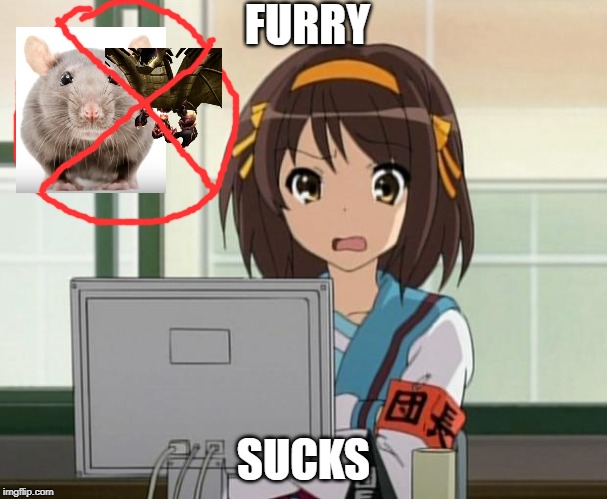 haruhi hates furry | FURRY; SUCKS | image tagged in haruhi internet disturbed,furry,furries,anti furry,hentai,hentai woody | made w/ Imgflip meme maker