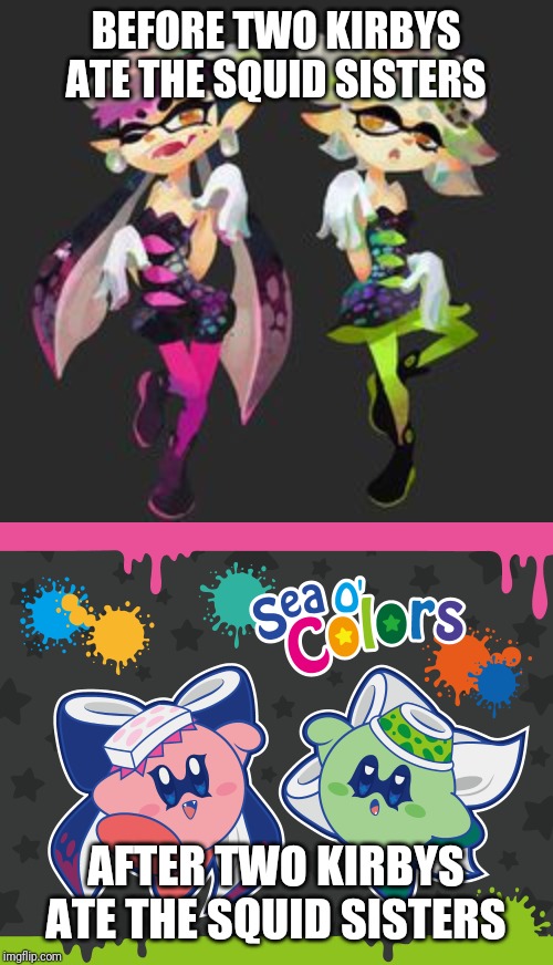 BEFORE TWO KIRBYS ATE THE SQUID SISTERS; AFTER TWO KIRBYS ATE THE SQUID SISTERS | image tagged in squid sisters,kirby,splatoon,memes | made w/ Imgflip meme maker