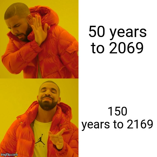 Drake Hotline Bling | 50 years to 2069; 150 years to 2169 | image tagged in memes,drake hotline bling | made w/ Imgflip meme maker