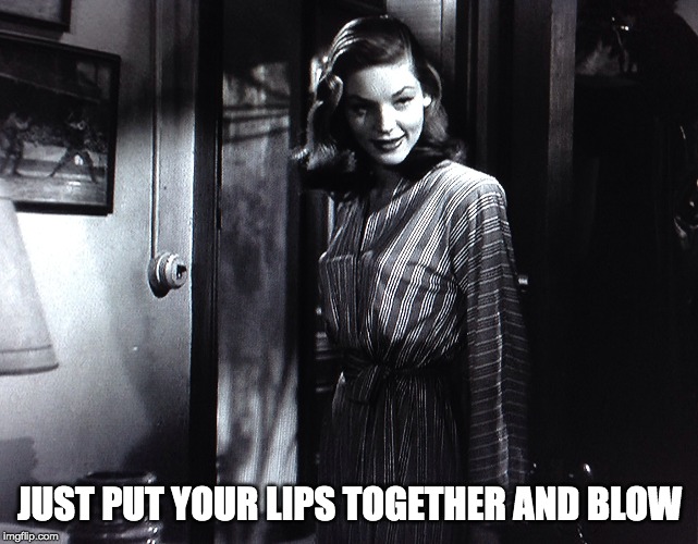 JUST PUT YOUR LIPS TOGETHER AND BLOW | image tagged in bacall,classic movies | made w/ Imgflip meme maker