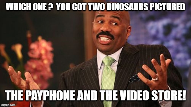 WHICH ONE ?  YOU GOT TWO DINOSAURS PICTURED THE PAYPHONE AND THE VIDEO STORE! | image tagged in memes,steve harvey | made w/ Imgflip meme maker