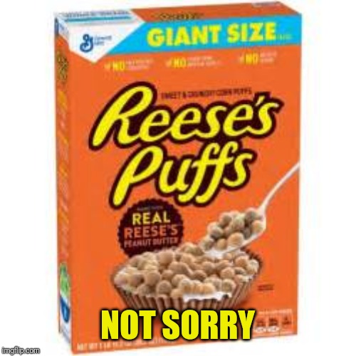 A Box Of Reese's Puffs | NOT SORRY | image tagged in a box of reese's puffs | made w/ Imgflip meme maker