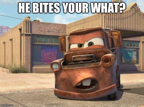 mater | HE BITES YOUR WHAT? | image tagged in mater | made w/ Imgflip meme maker