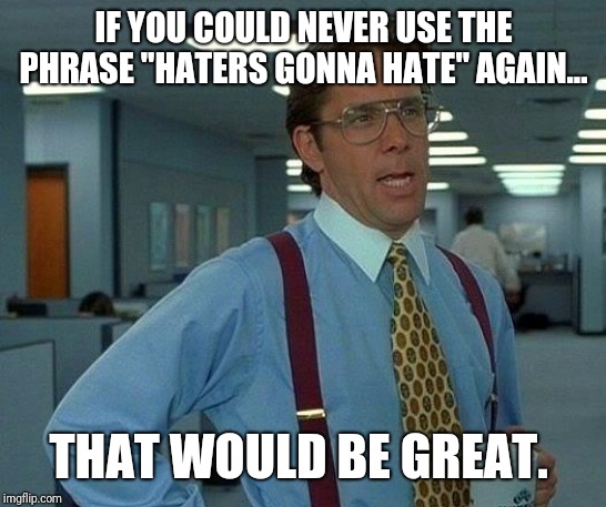 That would be great... | IF YOU COULD NEVER USE THE PHRASE "HATERS GONNA HATE" AGAIN... THAT WOULD BE GREAT. | image tagged in memes,that would be great,office space,haters gonna hate | made w/ Imgflip meme maker