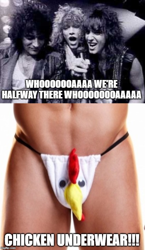 Bon Jovi and.....a pecker??? | WHOOOOOOAAAA WE'RE HALFWAY THERE WHOOOOOOOAAAAA; CHICKEN UNDERWEAR!!! | image tagged in halfway there | made w/ Imgflip meme maker