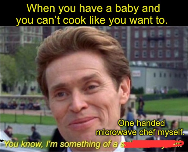 Gotta stay alert to the baby. Put food on 5 mins and leave. | When you have a baby and you can’t cook like you want to. One handed microwave chef myself. | image tagged in you know i'm something of a scientist myself,funy memes,funny,baby | made w/ Imgflip meme maker
