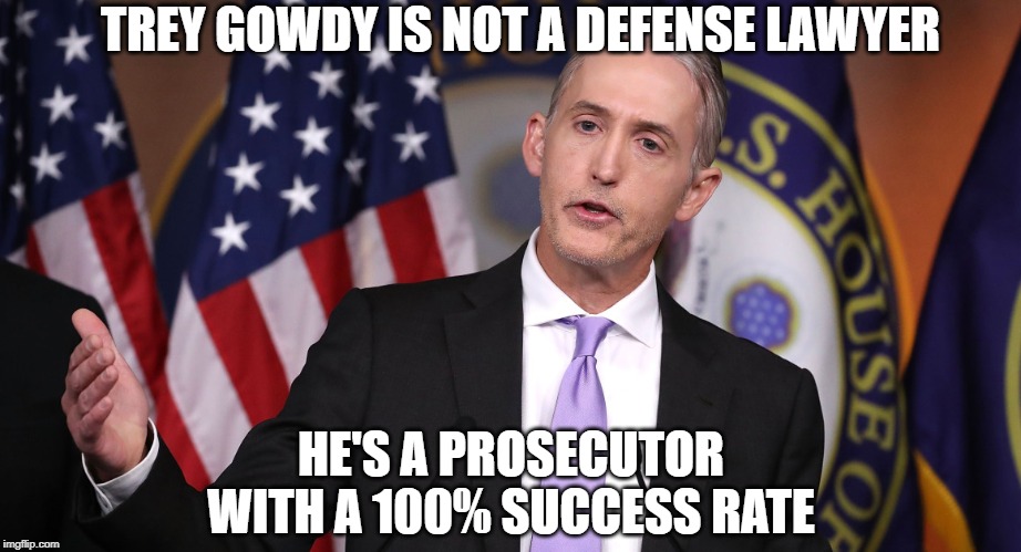 Trey Gowdy | TREY GOWDY IS NOT A DEFENSE LAWYER; HE'S A PROSECUTOR
WITH A 100% SUCCESS RATE | image tagged in trey gowdy | made w/ Imgflip meme maker