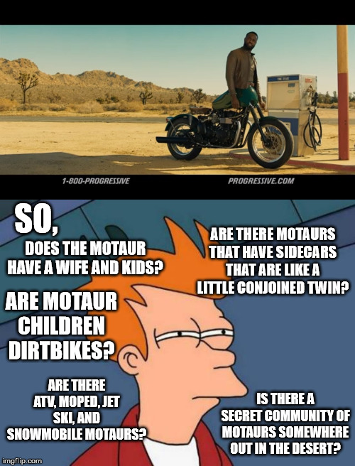 Important questions | SO, ARE THERE MOTAURS THAT HAVE SIDECARS THAT ARE LIKE A LITTLE CONJOINED TWIN? DOES THE MOTAUR HAVE A WIFE AND KIDS? ARE MOTAUR CHILDREN DIRTBIKES? ARE THERE ATV, MOPED, JET SKI, AND SNOWMOBILE MOTAURS? IS THERE A SECRET COMMUNITY OF MOTAURS SOMEWHERE OUT IN THE DESERT? | image tagged in memes,futurama fry,motorcycle,commercials,progressive,questions | made w/ Imgflip meme maker