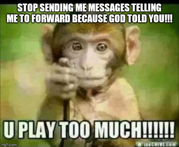 God told you | STOP SENDING ME MESSAGES TELLING ME TO FORWARD BECAUSE GOD TOLD YOU!!! | image tagged in funny | made w/ Imgflip meme maker