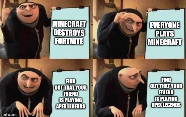 Wut is this | MINECRAFT DESTROYS FORTNITE; EVERYONE PLAYS MINECRAFT; FIND OUT THAT YOUR FRIEND IS PLAYING APEX LEGENDS; FIND OUT THAT YOUR FRIEND IS PLAYING APEX LEGENDS | image tagged in gru's plan,why | made w/ Imgflip meme maker