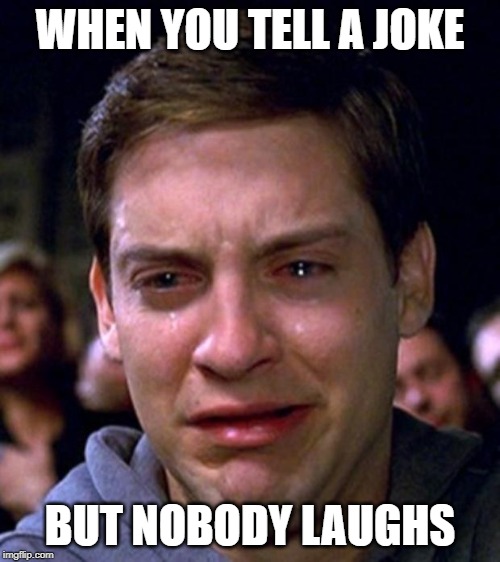 crying peter parker | WHEN YOU TELL A JOKE; BUT NOBODY LAUGHS | image tagged in crying peter parker | made w/ Imgflip meme maker