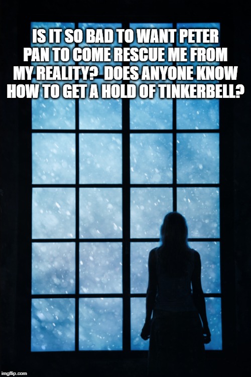 Save me from my reality | IS IT SO BAD TO WANT PETER PAN TO COME RESCUE ME FROM MY REALITY?  DOES ANYONE KNOW HOW TO GET A HOLD OF TINKERBELL? | image tagged in peter pan,tinkerbell,reality,rescue me,woman looking out window,dreaming | made w/ Imgflip meme maker