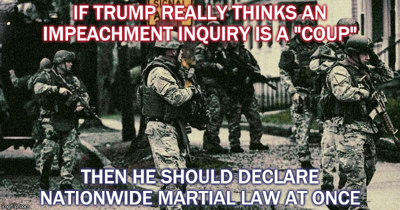 He should either call the troops out or shut up. | IF TRUMP REALLY THINKS AN IMPEACHMENT INQUIRY IS A "COUP"; THEN HE SHOULD DECLARE NATIONWIDE MARTIAL LAW AT ONCE | image tagged in donald trump,coup,martial law,state of emergency,just do it,big mouth | made w/ Imgflip meme maker