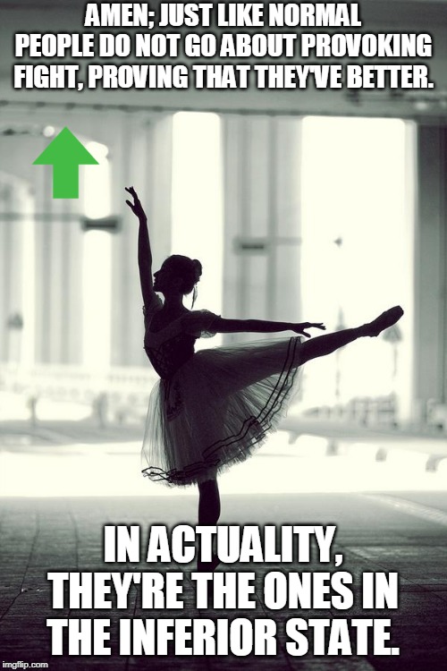 ballerina | AMEN; JUST LIKE NORMAL PEOPLE DO NOT GO ABOUT PROVOKING FIGHT, PROVING THAT THEY'VE BETTER. IN ACTUALITY, THEY'RE THE ONES IN THE INFERIOR S | image tagged in ballerina | made w/ Imgflip meme maker