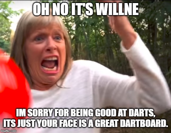 MORGZMOM | OH NO IT'S WILLNE; IM SORRY FOR BEING GOOD AT DARTS, ITS JUST YOUR FACE IS A GREAT DARTBOARD. | image tagged in morgzmom | made w/ Imgflip meme maker