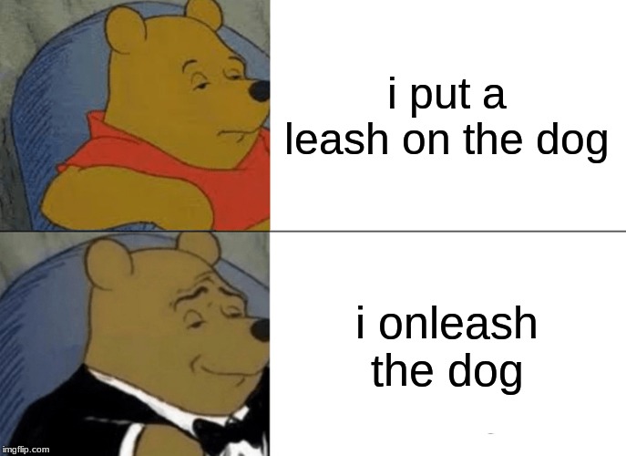 Tuxedo Winnie The Pooh Meme | i put a leash on the dog; i onleash the dog | image tagged in memes,tuxedo winnie the pooh | made w/ Imgflip meme maker