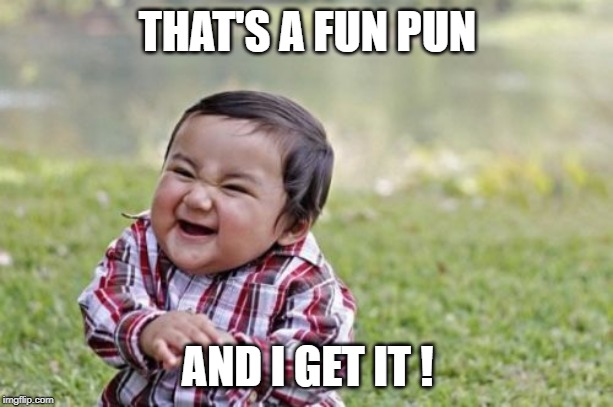 Evil Toddler Meme | THAT'S A FUN PUN AND I GET IT ! | image tagged in memes,evil toddler | made w/ Imgflip meme maker