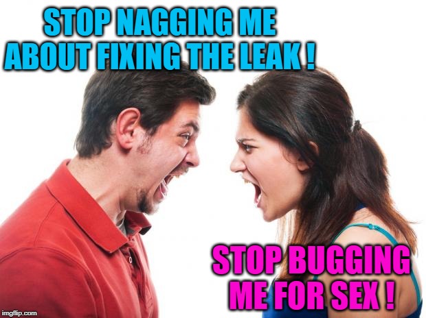 ANGRY FIGHTING MARRIED COUPLE HUSBAND & WIFE | STOP NAGGING ME ABOUT FIXING THE LEAK ! STOP BUGGING ME FOR SEX ! | image tagged in angry fighting married couple husband  wife | made w/ Imgflip meme maker