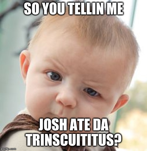 Skeptical Baby | SO YOU TELLIN ME; JOSH ATE DA TRINSCUITITUS? | image tagged in memes,skeptical baby | made w/ Imgflip meme maker