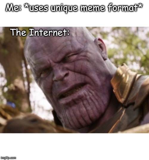 unsettled thanos | Me: *uses unique meme format*; The Internet: | image tagged in unsettled thanos | made w/ Imgflip meme maker