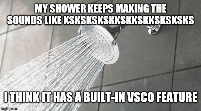 Shower Thoughts | MY SHOWER KEEPS MAKING THE SOUNDS LIKE KSKSKSKSKKSKKSKKSKSKSKS; I THINK IT HAS A BUILT-IN VSCO FEATURE | image tagged in shower thoughts | made w/ Imgflip meme maker