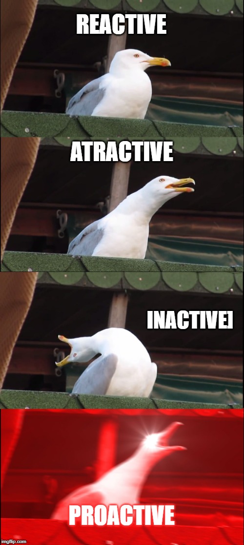 Inhaling Seagull | REACTIVE; ATRACTIVE; INACTIVE]; PROACTIVE | image tagged in memes,inhaling seagull | made w/ Imgflip meme maker