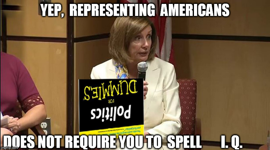 Seriously    nancy ? | YEP,  REPRESENTING  AMERICANS; DOES NOT REQUIRE YOU TO  SPELL       I. Q. | image tagged in nancy pelosi,dumber,dumb,i q,americans | made w/ Imgflip meme maker