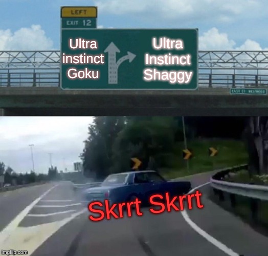 Left Exit 12 Off Ramp Meme | Ultra instinct Goku; Ultra Instinct Shaggy; Skrrt Skrrt | image tagged in memes,left exit 12 off ramp | made w/ Imgflip meme maker