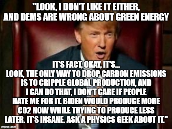 Donald Trump on Climate Change | "LOOK, I DON'T LIKE IT EITHER, AND DEMS ARE WRONG ABOUT GREEN ENERGY; IT'S FACT, OKAY, IT'S... LOOK, THE ONLY WAY TO DROP CARBON EMISSIONS IS TO CRIPPLE GLOBAL PRODUCTION, AND I CAN DO THAT, I DON'T CARE IF PEOPLE HATE ME FOR IT. BIDEN WOULD PRODUCE MORE C02 NOW WHILE TRYING TO PRODUCE LESS LATER. IT'S INSANE. ASK A PHYSICS GEEK ABOUT IT." | image tagged in donald trump | made w/ Imgflip meme maker
