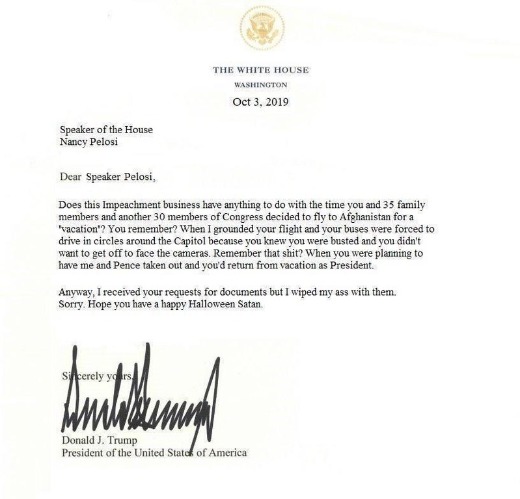 POTUS Letter to Pelosi | image tagged in potus45,nancy pelosi,trump impeachment,assassination,grounded,deep state conspiracy | made w/ Imgflip meme maker