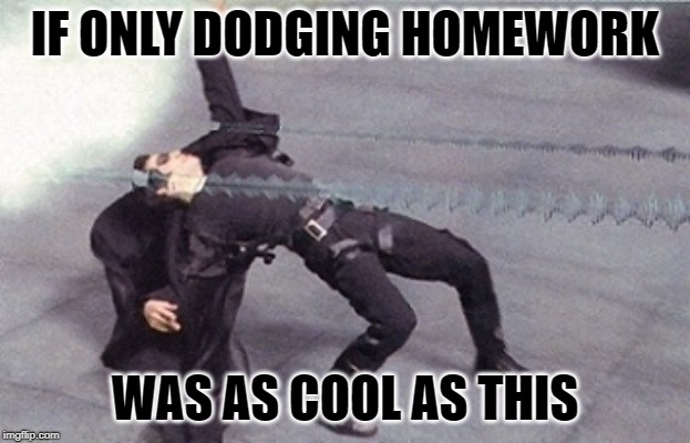 neo dodging a bullet matrix | IF ONLY DODGING HOMEWORK; WAS AS COOL AS THIS | image tagged in neo dodging a bullet matrix | made w/ Imgflip meme maker