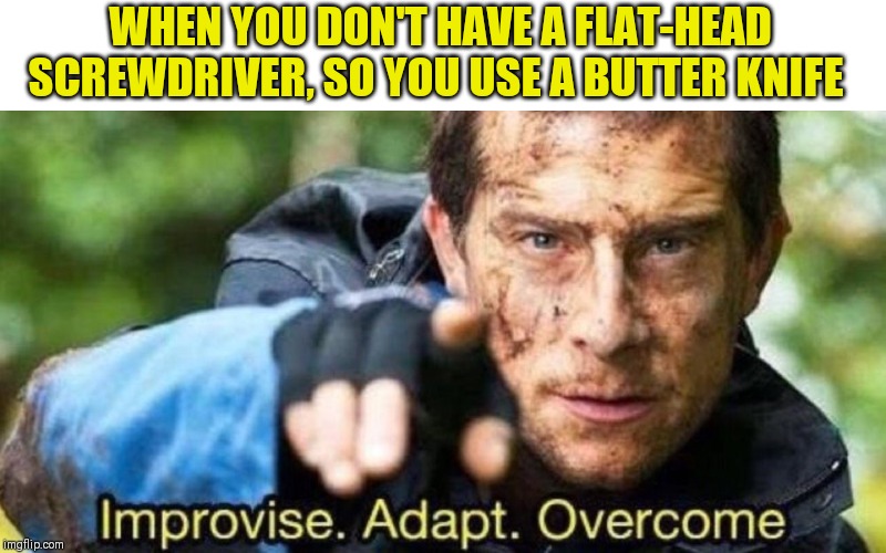 Whatever works! | WHEN YOU DON'T HAVE A FLAT-HEAD SCREWDRIVER, SO YOU USE A BUTTER KNIFE | image tagged in improvise adapt overcome | made w/ Imgflip meme maker