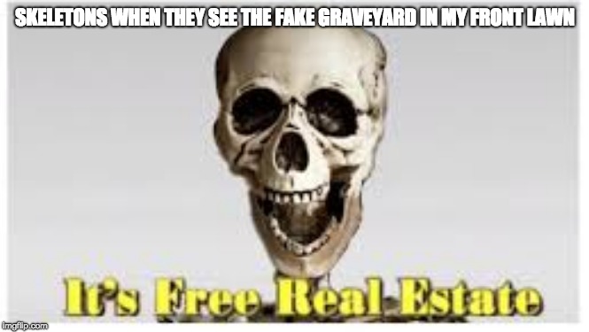 SKELETONS WHEN THEY SEE THE FAKE GRAVEYARD IN MY FRONT LAWN | image tagged in spooktober | made w/ Imgflip meme maker