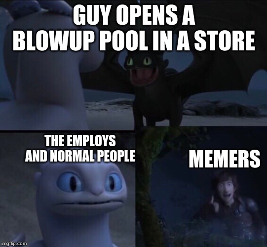 How to train your dragon 3 | GUY OPENS A BLOWUP POOL IN A STORE THE EMPLOYS AND NORMAL PEOPLE MEMERS | image tagged in how to train your dragon 3 | made w/ Imgflip meme maker