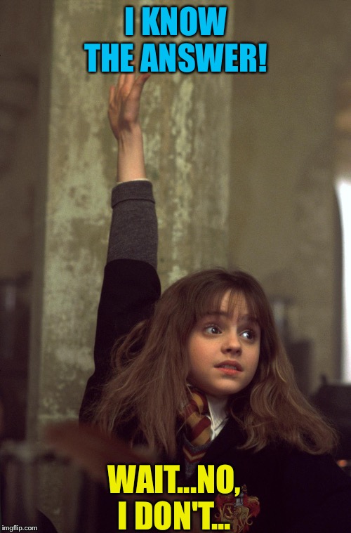 Hermoine raising hand | I KNOW THE ANSWER! WAIT...NO, I DON'T... | image tagged in hermoine raising hand | made w/ Imgflip meme maker