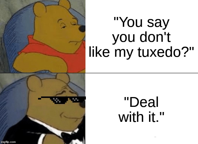 Tuxedo Winnie The Pooh | "You say you don't like my tuxedo?"; "Deal with it." | image tagged in memes,tuxedo winnie the pooh | made w/ Imgflip meme maker